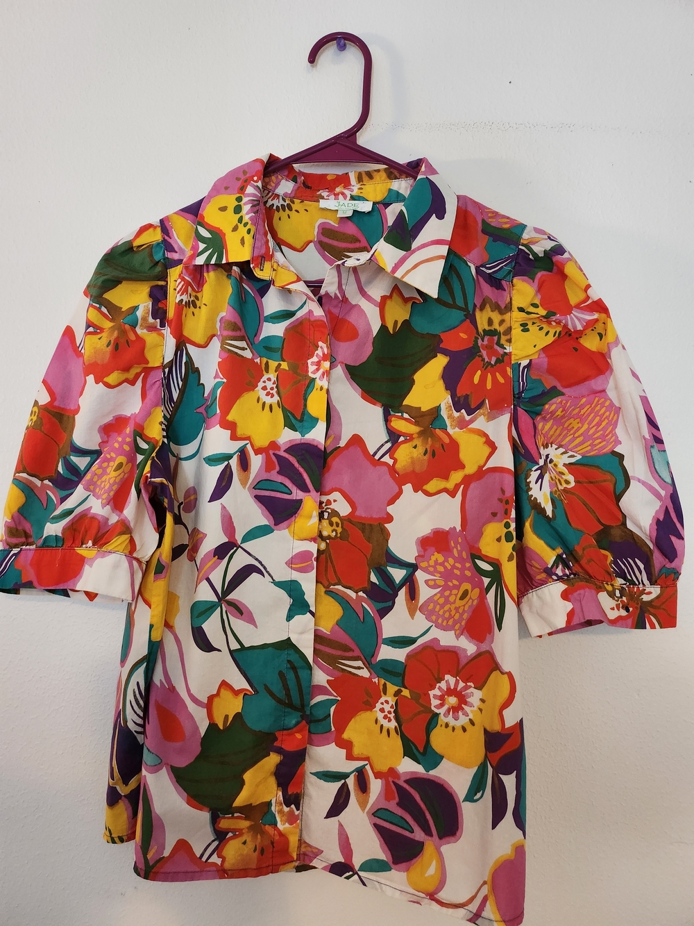 Jade Bold Floral Button-Down Blouse in Yellow, Pink & Green